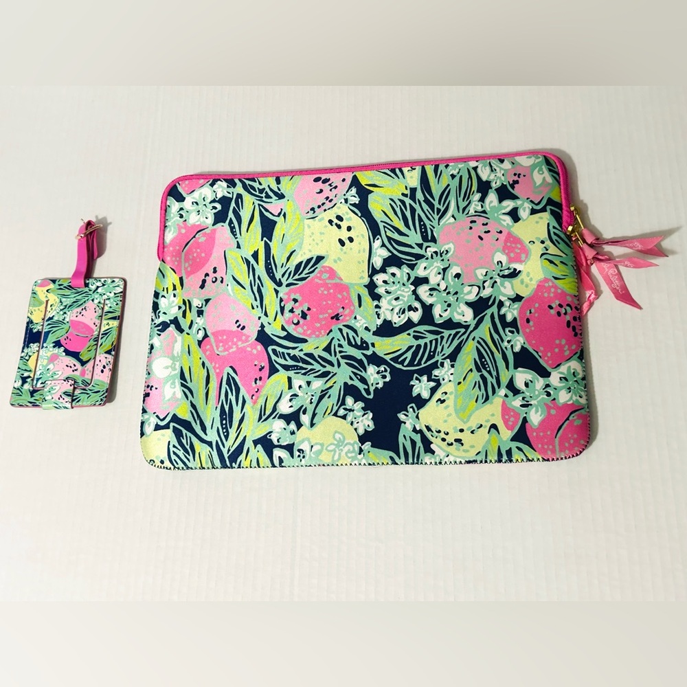 LILLY PULITZER SPILL THE JUICE LAPTOP CASE and LUGGAGE TAG.